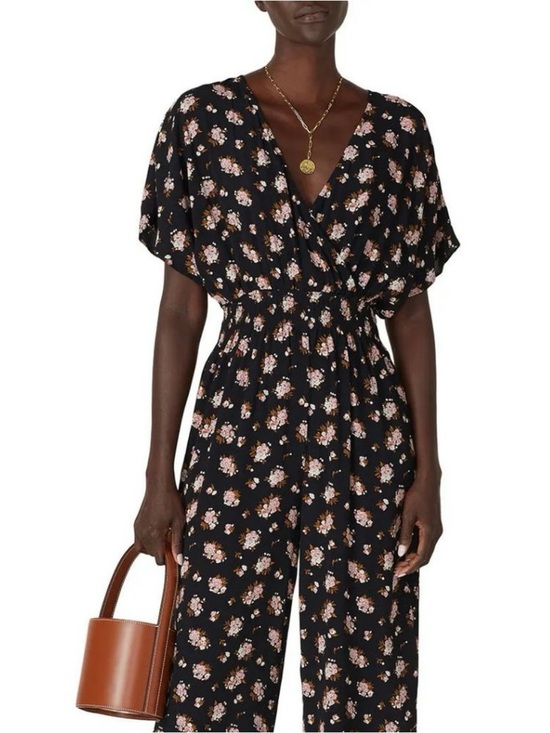 Madewell Pants - Madewell Floral V-Neck Wide-Leg Jumpsuit - Black with Pink Flowers szL